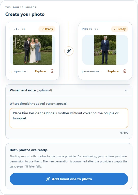 Selected wedding group and portrait with an optional placement note in the photo workspace