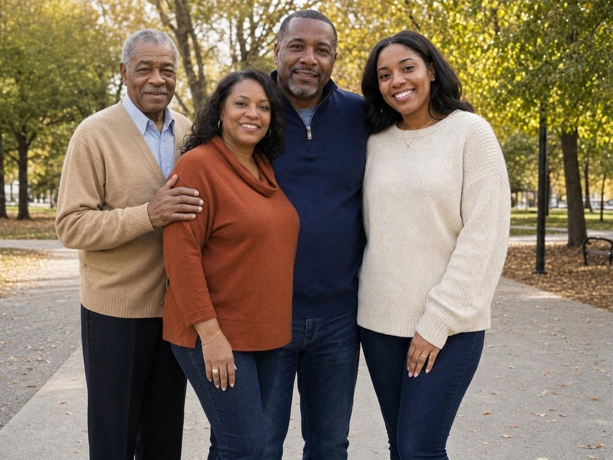 AI-generated outdoor family photo with the grandfather integrated beside the original group
