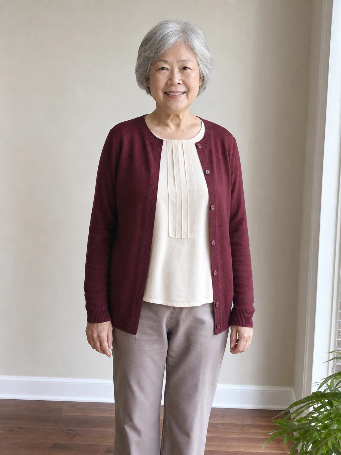 Separate full-length portrait of an older woman in a burgundy cardigan