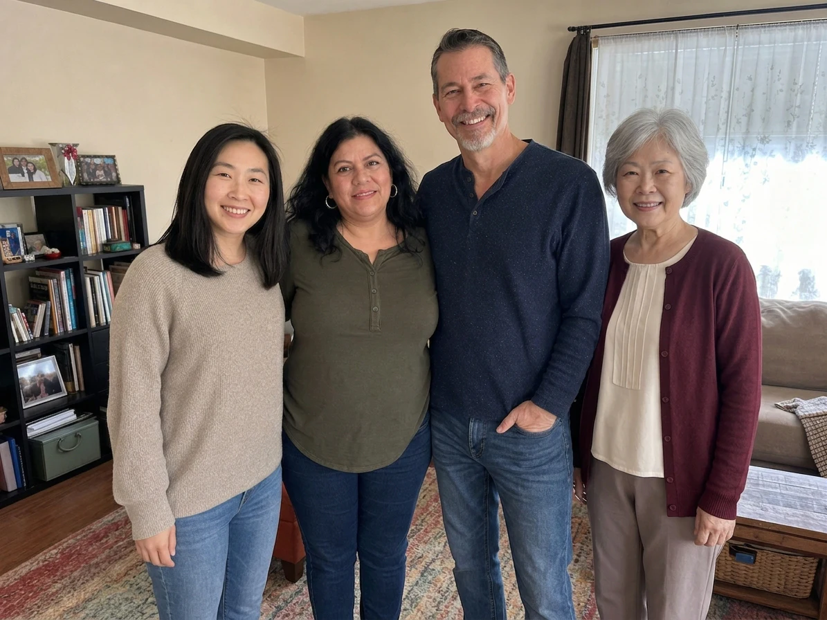 AI-generated indoor family photo with the older woman integrated beside the original three people