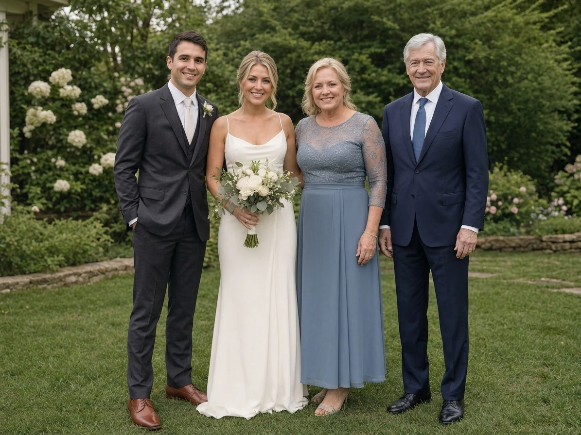 AI-generated wedding family photo with the older man integrated beside the bride's mother