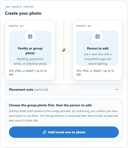 Add Loved One to Photo workspace with empty group photo and person portrait upload areas
