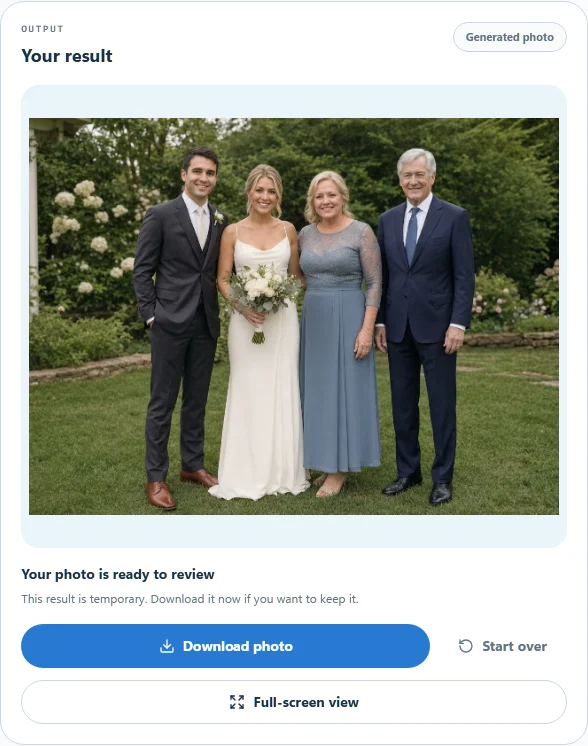 Generated wedding family photo with download and full-screen review controls