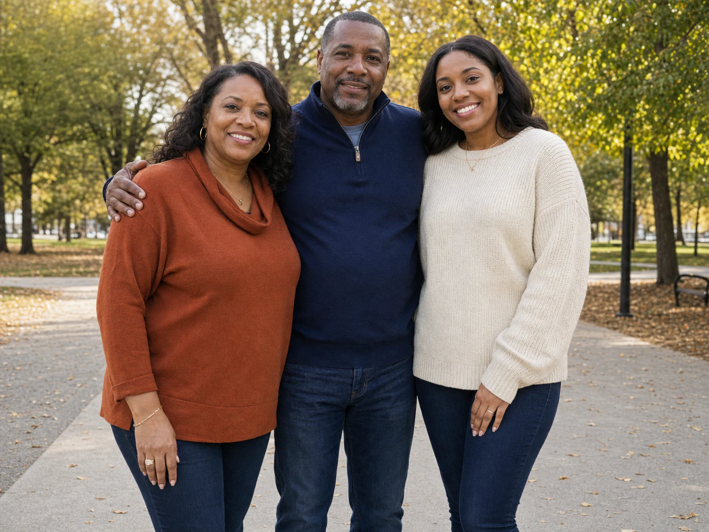 Three adult family members standing closely together in an autumn park