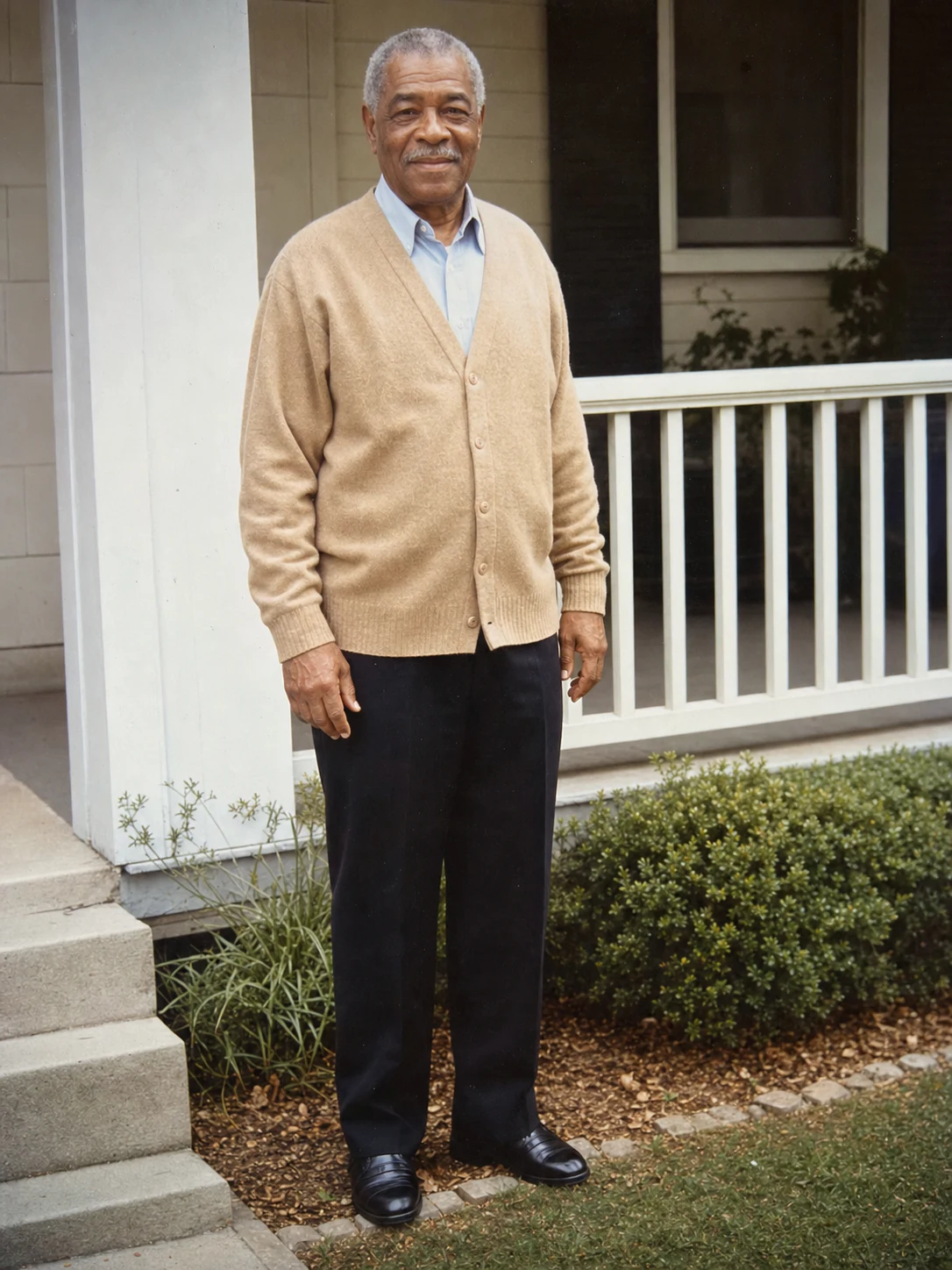 Older scanned portrait of a grandfather wearing a tan cardigan