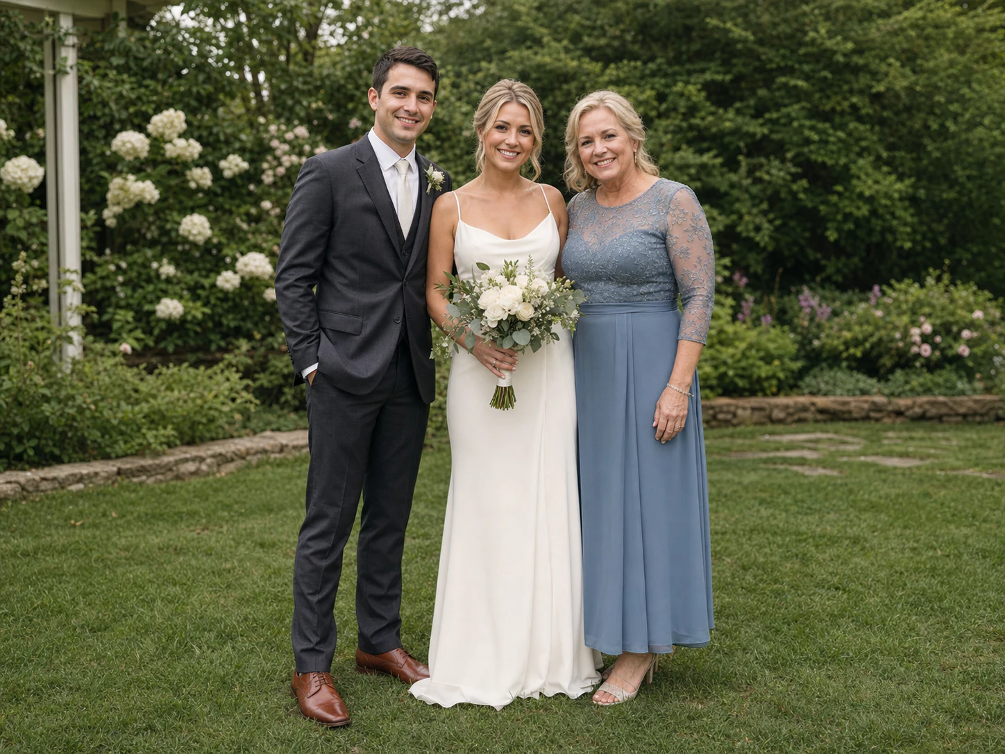 Bride, groom, and the bride's mother standing closely together at an outdoor wedding
