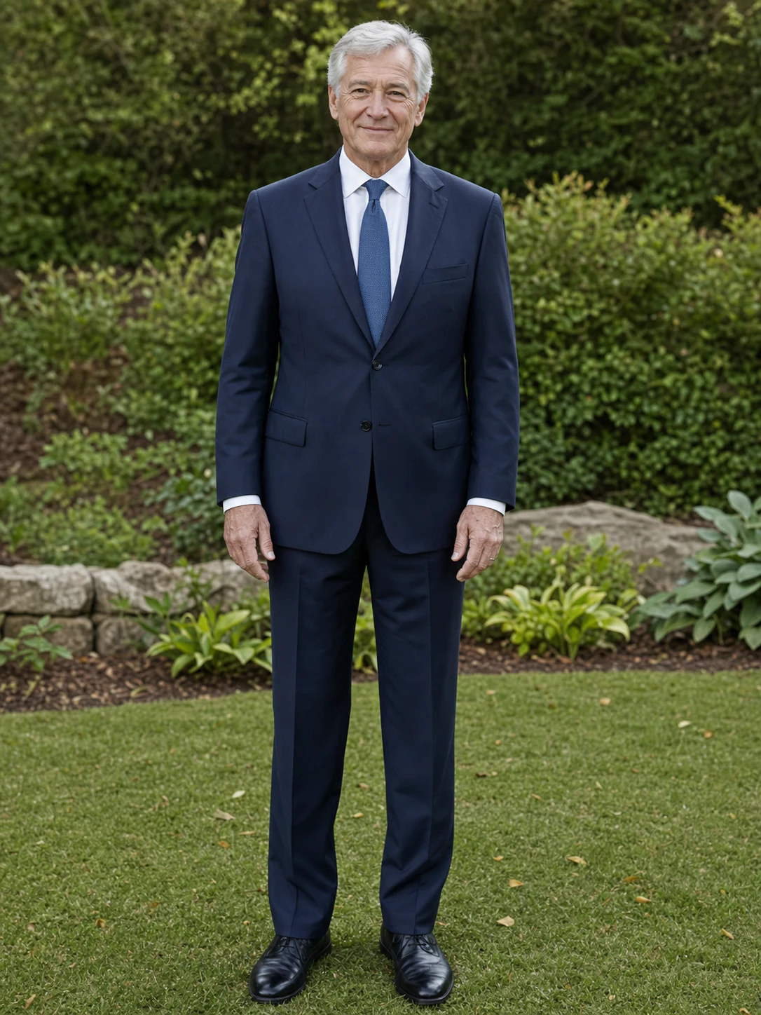 Separate full-length formal portrait of an older man in a navy suit