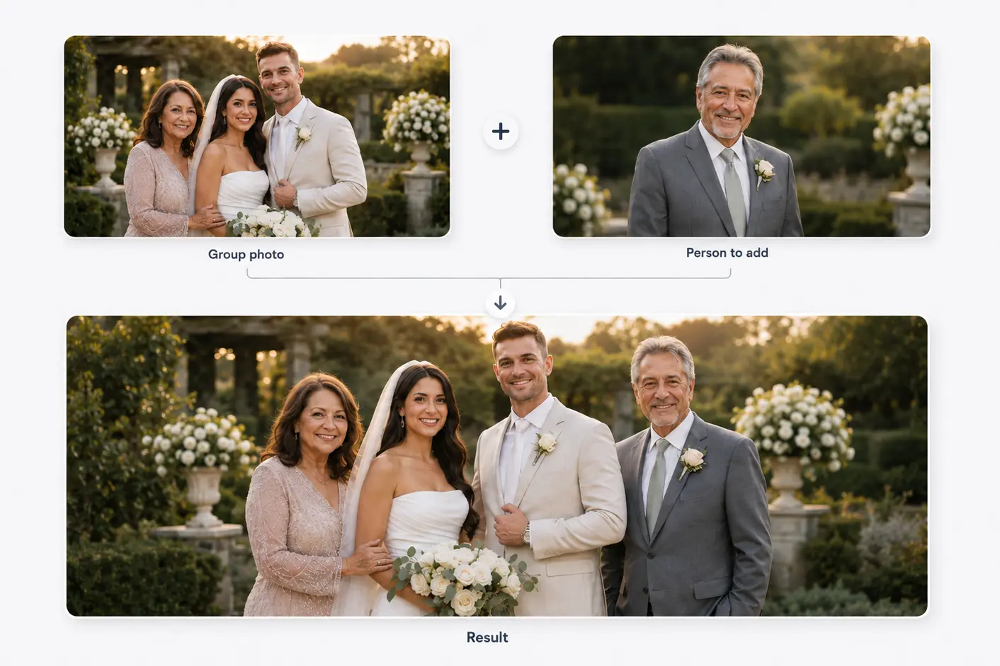 Example of a naturally composed family group portrait at a garden wedding
